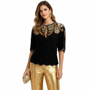 Laurence Kazar Black Beaded & Sequin Top | Silver & Gold Detail | Size M
